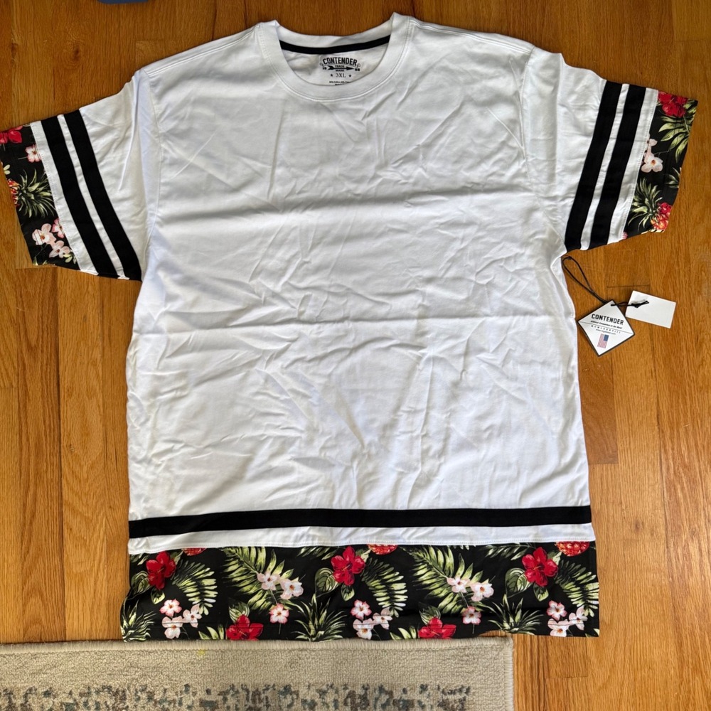 Contender 3XL NWT White Tropical Floral Stripe Tee Big & Tall Streetwear 1KT34